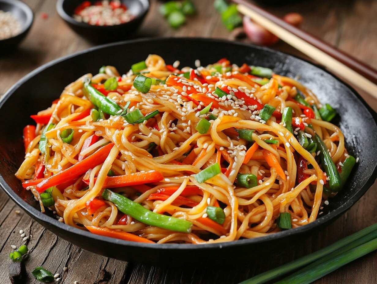 Easy Asian Dishes: Quick & Flavorful Recipes You Can Make at Home 5 A bowl of stir-fried noodles with colorful vegetables, garnished with sesame seeds and