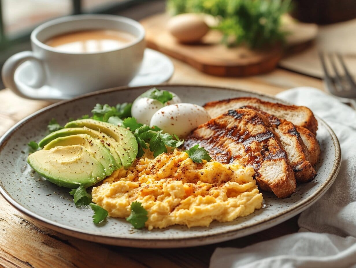Wholesome Chicken and Eggs Breakfast 1 A delicious and nutritious breakfast plate with scrambled eggs, grilled chicken, whole wheat toast, and avocado, served on a rustic wooden table with a cozy morning ambiance.