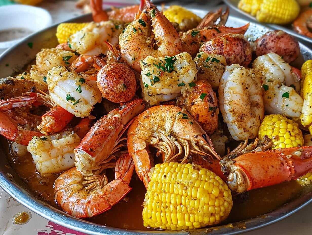 A close-up of a flavorful Cajun seafood boil featuring shrimp, crab, and lobster claws, seasoned with spices and garnished with fresh herbs, accompanied by corn on the cob.