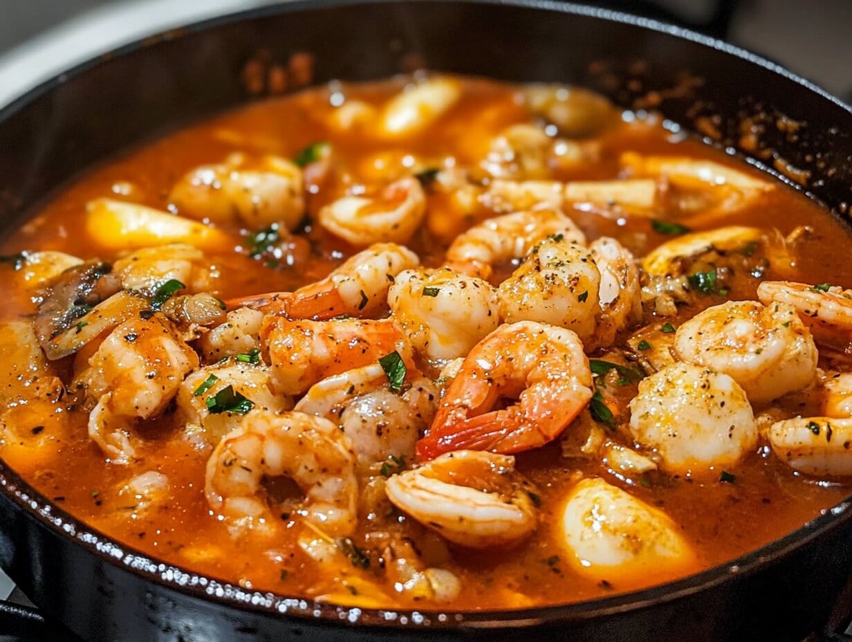 The Ultimate Seafood Boil Sauce Recipe 4 A close-up of a skillet filled with plump shrimp cooked in a rich, spicy tomato-based sauce with garlic, herbs, and seasonings, garnished with fresh parsley.