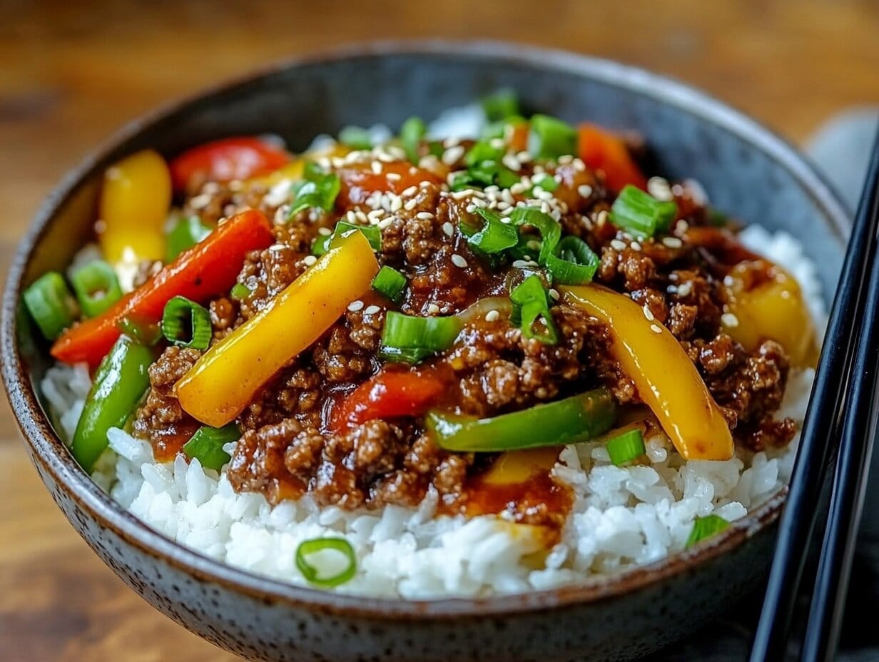 Authentic Japanese Pepper Steak Recipe for Beginners 4 A steaming bowl of beef and pepper rice, featuring juicy caramelized ground beef in a savory soy-based sauce, mixed with vibrant red, yellow, and green bell peppers. Served over fluffy white rice, garnished with sesame seeds and chopped green onions, with a pair of black chopsticks resting on the bowl. Warm, inviting lighting enhances the dish's rich colors and textures.