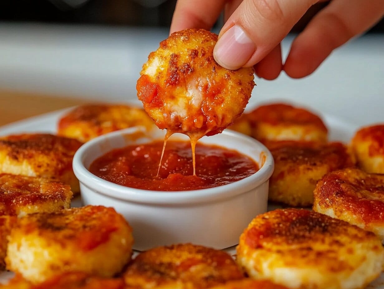 Close-up of a hand dipping a crispy, golden cheese bite into a bowl of marinara sauce, surrounded by more cheese bites on a white plate.