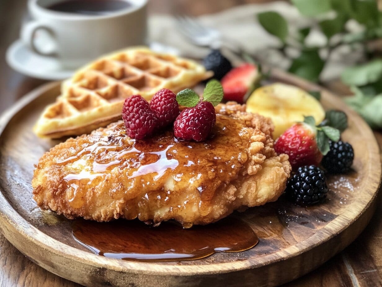 10 Innovative Breakfast Chicken Ideas to Start Your Day Right 11 A plate of golden buttermilk-fried chicken served on fluffy Belgian waffles, drizzled with spicy honey glaze, with fresh berries and a cup of coffee on the side.