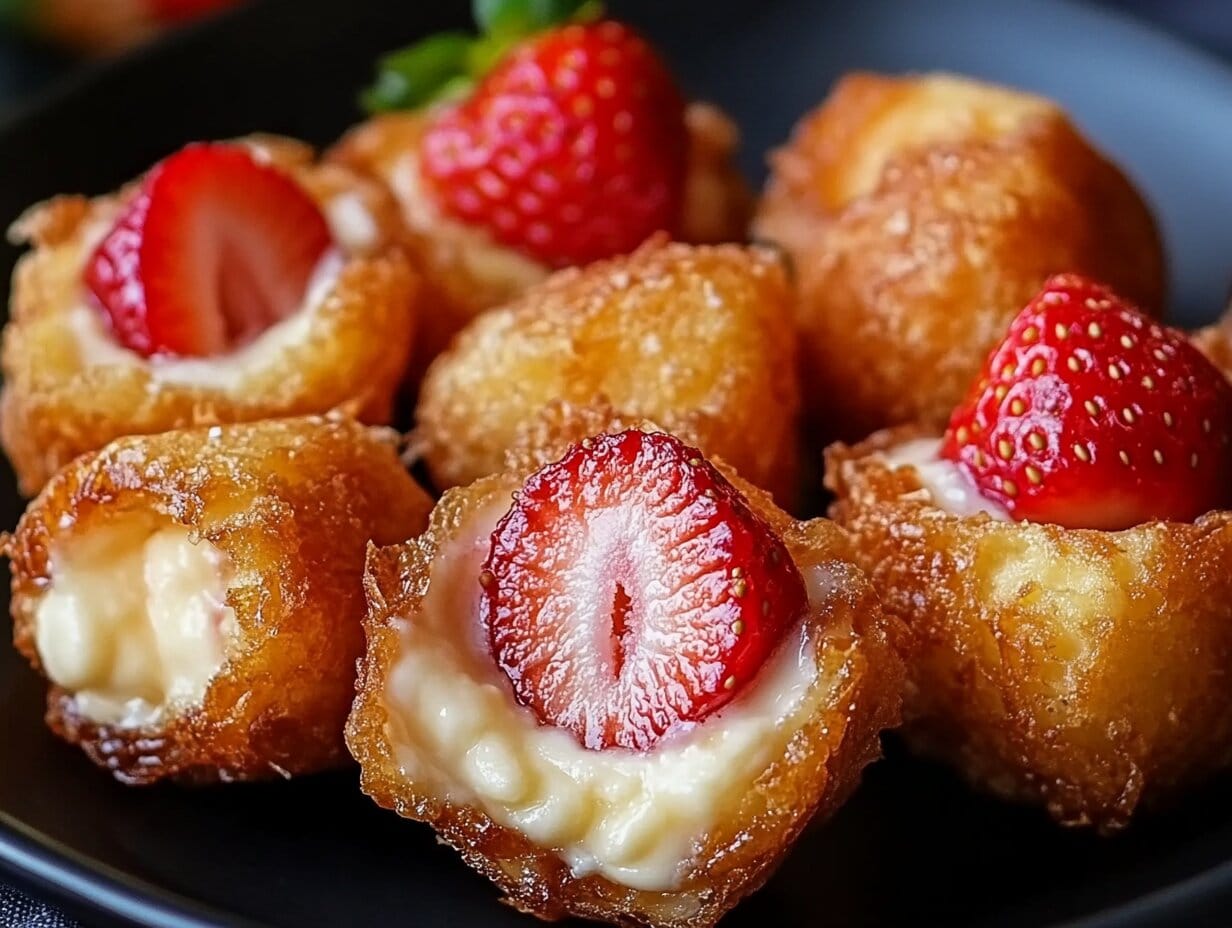 Crispy, Creamy Bliss: Deep-Fried Strawberry Cheesecake Stuffed Wonton Bites You’ll Crave All Year! 2 Close-up of crispy Strawberry Cheesecake Wonton Bites on a plate, dusted with powdered sugar.