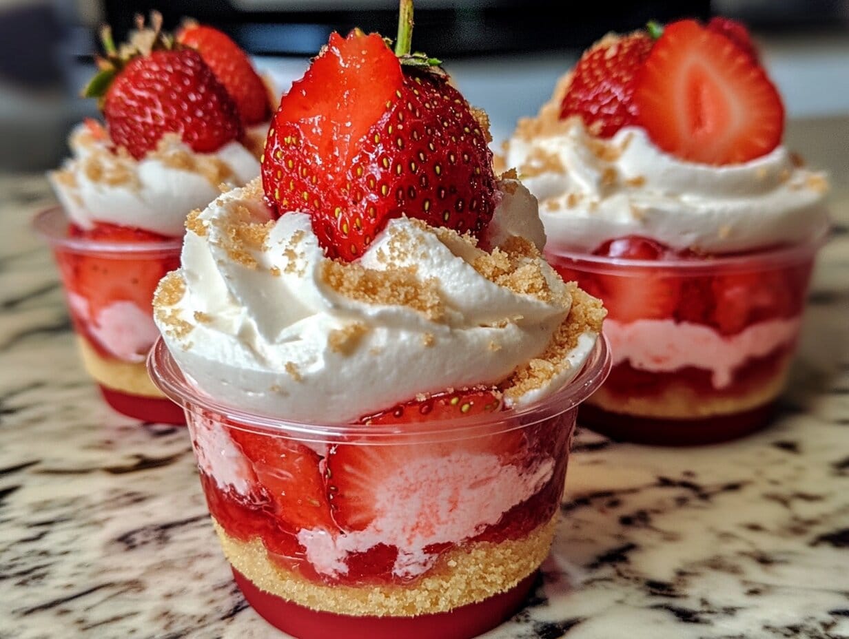 Strawberry Shortcake Cheesecake Cups – The Ultimate No-Bake Treat! 2 Close-up of three Strawberry Shortcake Cheesecake Cups in clear dessert cups, layered with crushed cookies, creamy cheesecake filling, fresh strawberries, and topped with whipped cream and a whole strawberry.