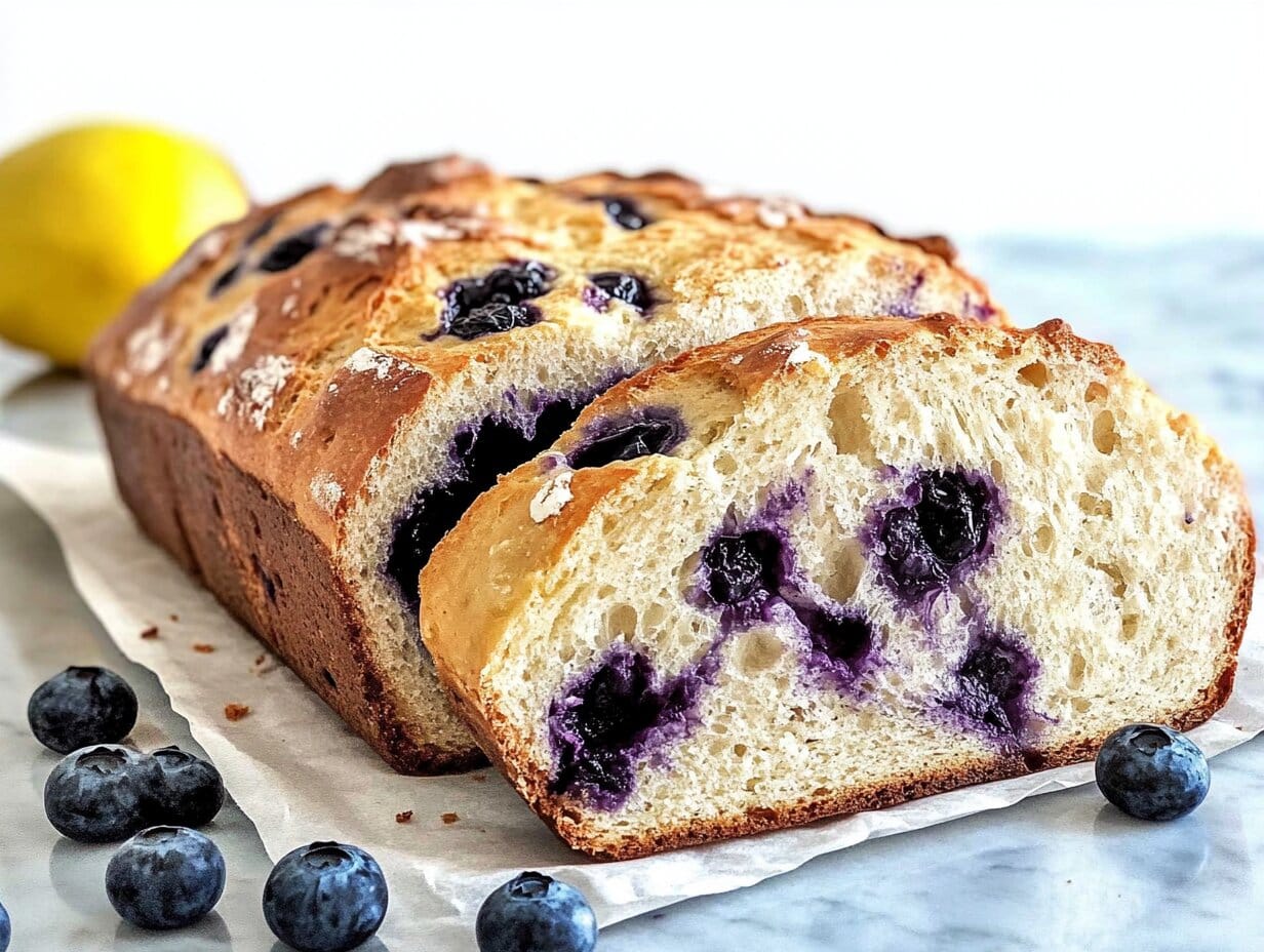 A rustic artisan sourdough loaf with a golden-brown crust, sliced open to reveal a soft, airy interior speckled with fresh blueberries and lemon zest. The bread sits on a wooden cutting board, surrounded by fresh blueberries, a sliced lemon, and a light dusting of flour, creating a warm and inviting kitchen scene