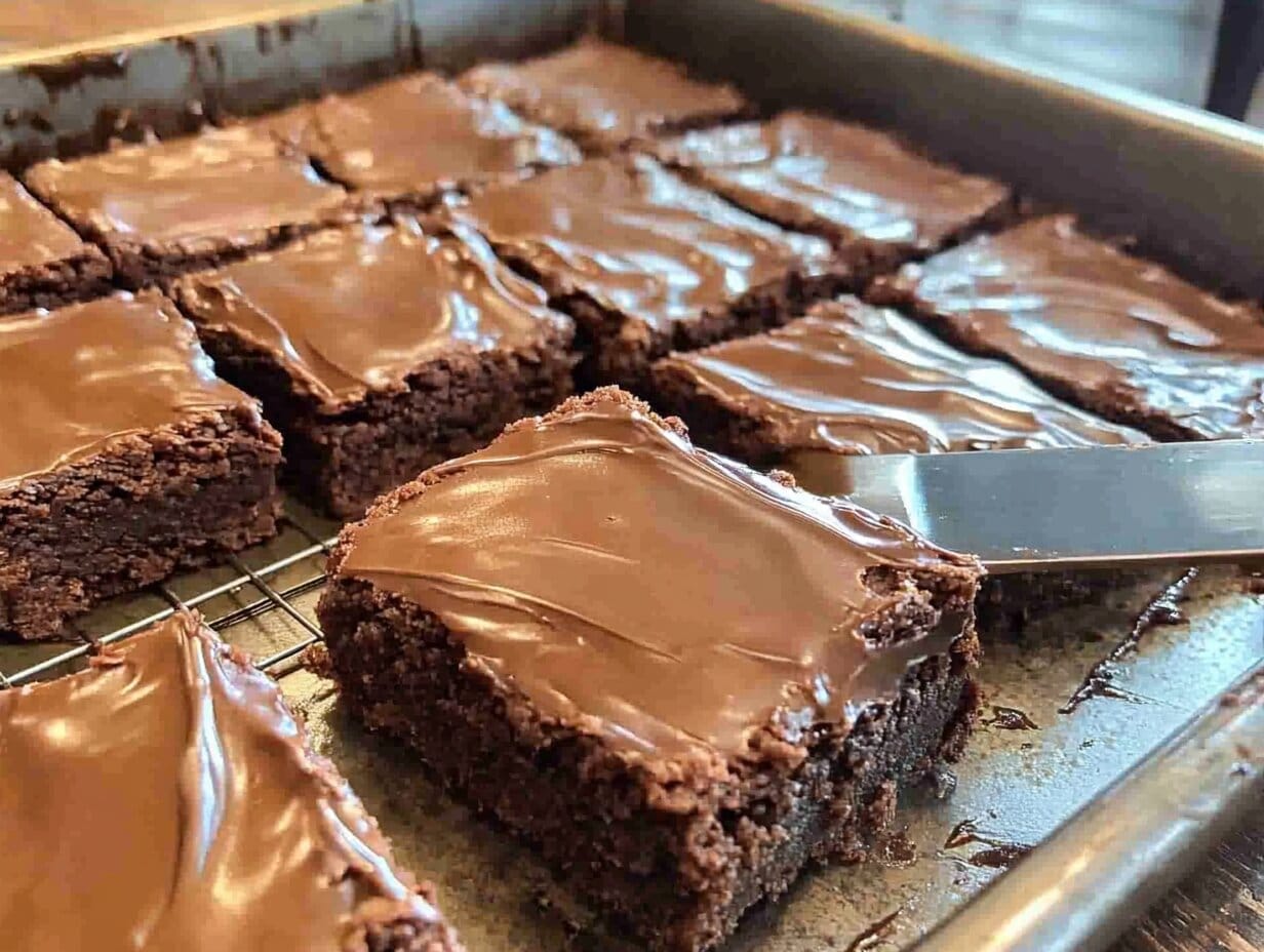A batch of freshly baked Lunch Lady Brownies on a baking tray, cut into squares with a rich chocolate frosting on top.