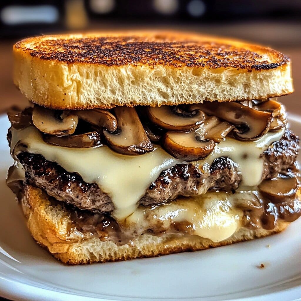 Close-up of a Swiss Mushroom Melt Delight sandwich featuring juicy beef patty, melted Swiss cheese, and golden sautéed mushrooms on crispy toasted bread