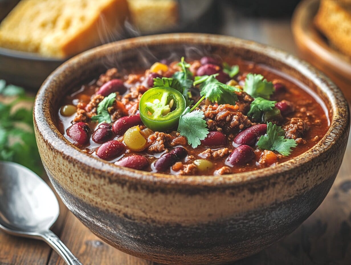 10 Healthy Recipes with Ground Beef: Nutritious & Flavorful Meals for Every Occasion 12 A steaming bowl of homemade beef chili with lean ground beef, kidney beans, and tomatoes, garnished with fresh cilantro and jalapeños, served with cornbread.