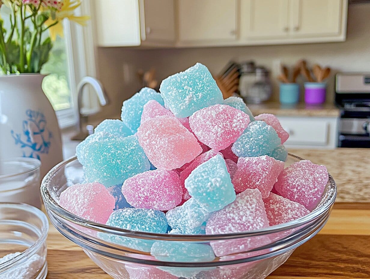 How to Make Homemade Pop Rocks: A Fizzy Candy Adventure You Can’t Miss 2 A clear glass bowl filled with pastel pink and blue homemade pop rocks candy, dusted lightly with powdered sugar, held against a backdrop of green foliage and yellow flowers.