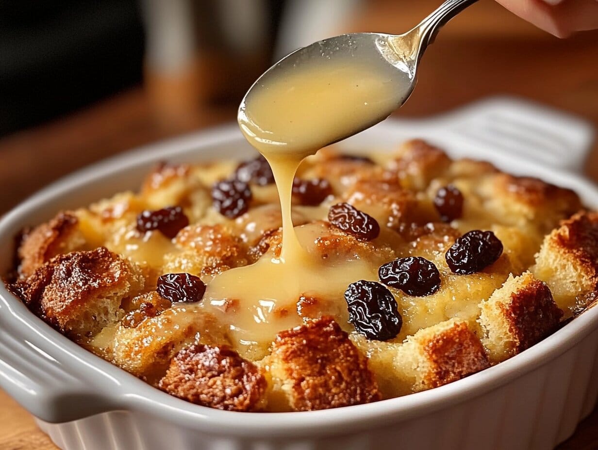 The Ultimate Guide to Bread Pudding with Vanilla Sauce 2 A close-up of freshly baked bread pudding topped with raisins, being drizzled with creamy vanilla sauce from a spoon, served in a white ceramic dish.