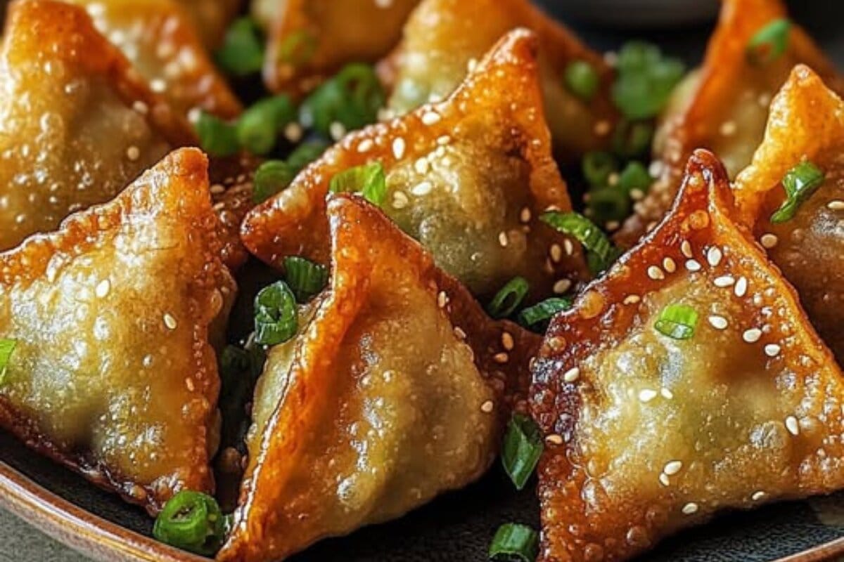 Golden crispy Chile Relleno Wontons with Jalapeño Soy Sauce, topped with sesame seeds and green onions on a serving plate