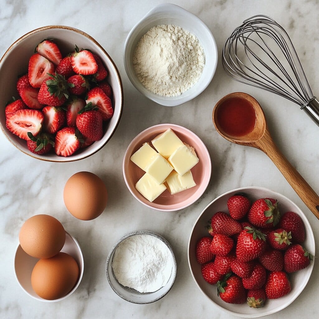 Fluffy Strawberry Waffles Recipe 6 Overhead view of fresh waffle ingredients on a marble surface, including eggs, strawberries, butter, flour, baking powder, strawberry sauce, and a metal whisk