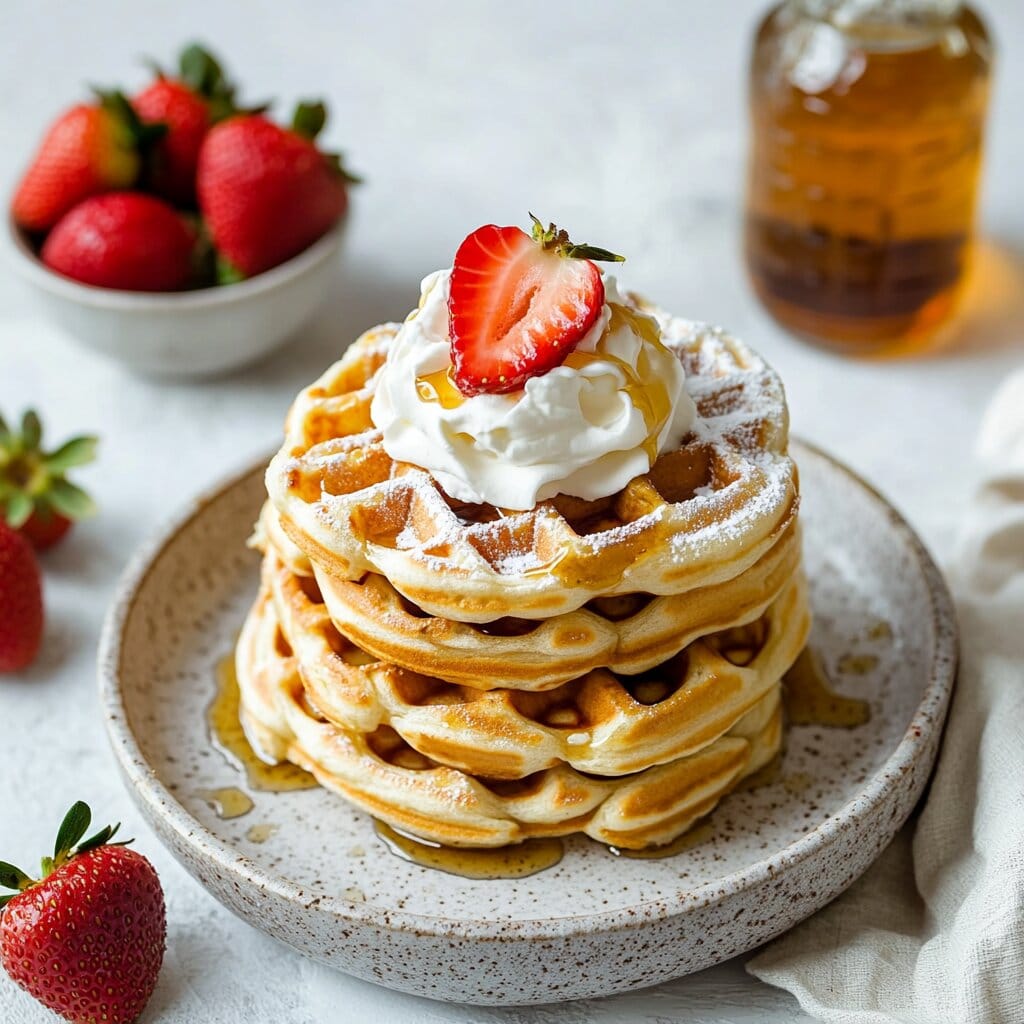 Fluffy Strawberry Waffles Recipe 5 Stack of golden Belgian waffles topped with whipped cream, a halved strawberry, and maple syrup, served on a rustic ceramic plate with fresh strawberries and a syrup bottle in the background