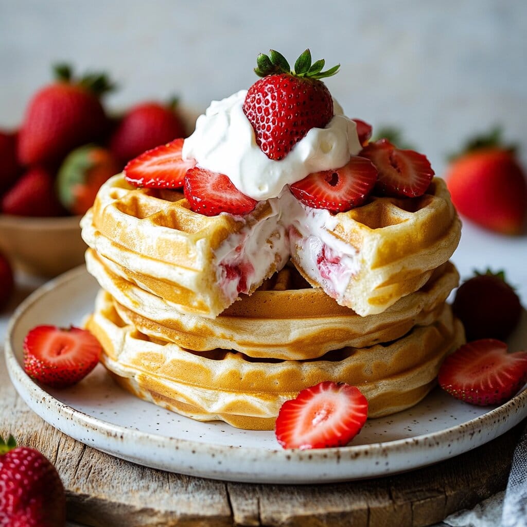 Fluffy Strawberry Waffles Recipe 7 Stack of golden waffles filled with whipped cream and fresh strawberries, topped with more strawberries and cream, served on a rustic ceramic plate with whole and sliced strawberries around