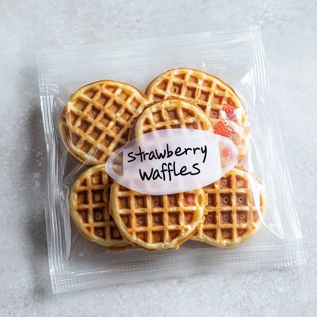 Fluffy Strawberry Waffles Recipe 8 Clear resealable bag filled with small round strawberry waffles labeled “strawberry waffles” in handwritten text, placed on a light gray surface