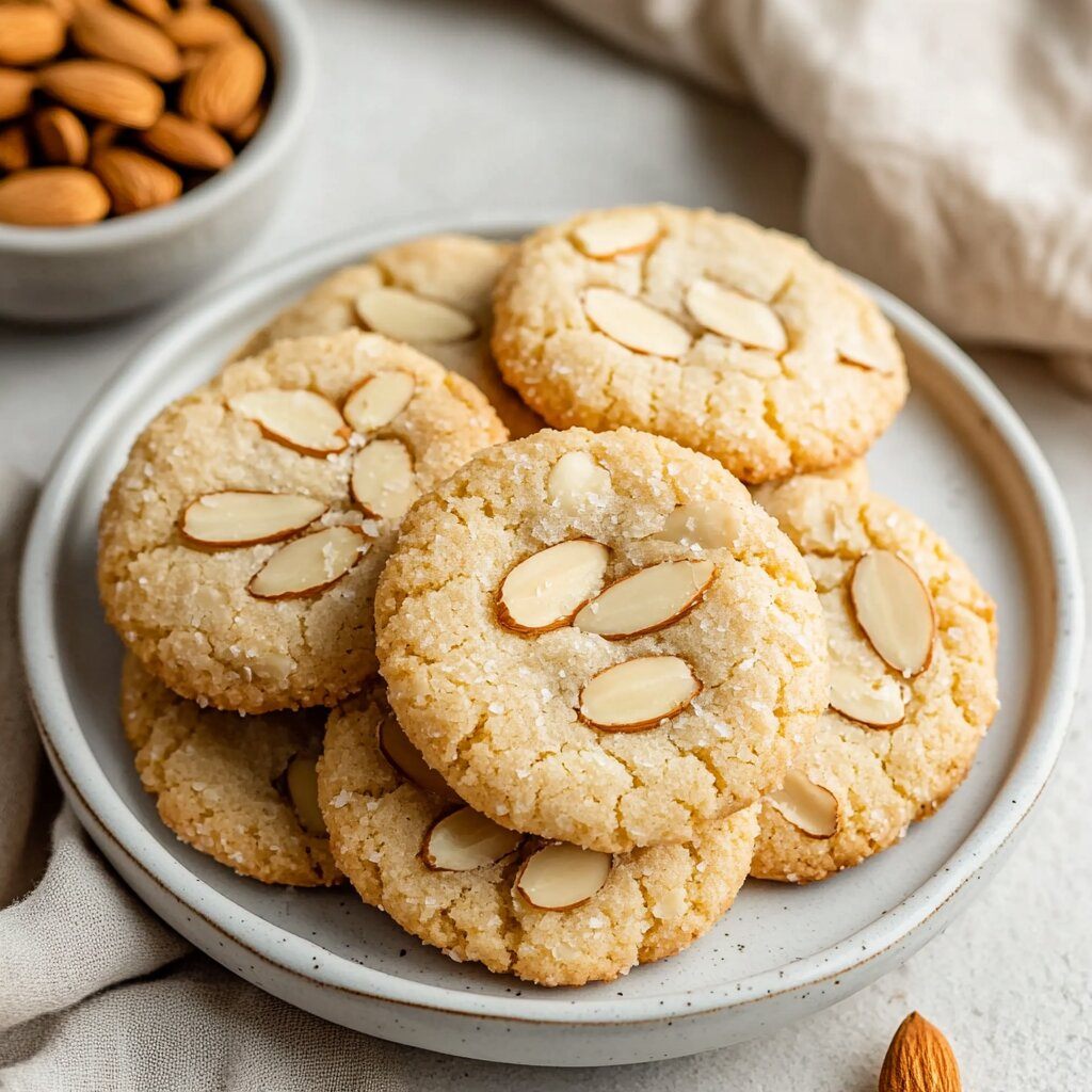 Almond Cookies Recipe: The Ultimate Nutty Delight 3 A close-up of almond cookies recipe featuring golden cookies topped with sliced almonds, stacked on a ceramic plate with whole almonds in the background.