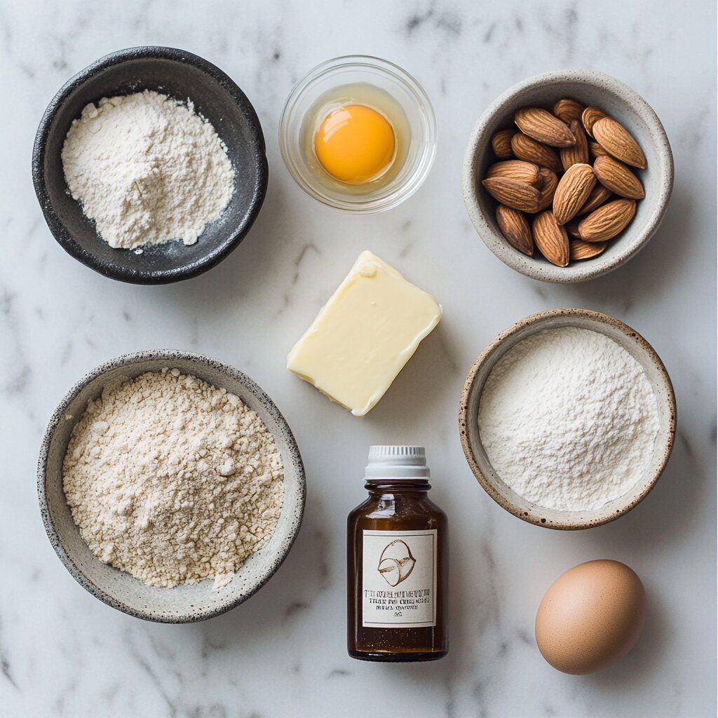 Almond Cookies Recipe: The Ultimate Nutty Delight 2 Top-down view of almond cookies recipe ingredients, including almond flour, all-purpose flour, whole almonds, butter, egg, almond extract, and sugar, arranged neatly on a white marble surface in ceramic bowls.