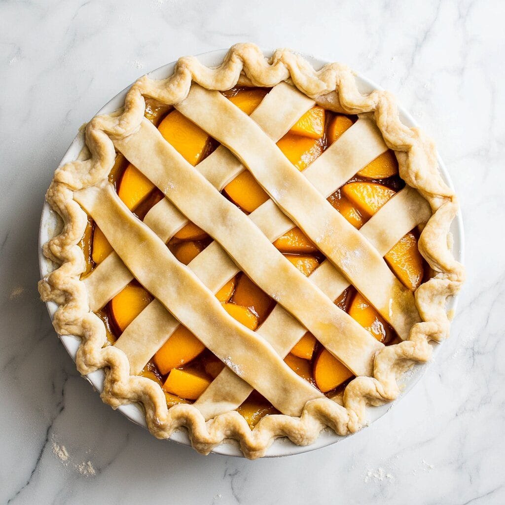 Homemade Peach Pie Recipe (Easy, Juicy & Totally Foolproof!) 7 An overhead view of a peach pie recipe in progress, showing thick lattice strips of unbaked pie crust partially covering a spiced peach filling, with overhanging edges on a white marble surface.