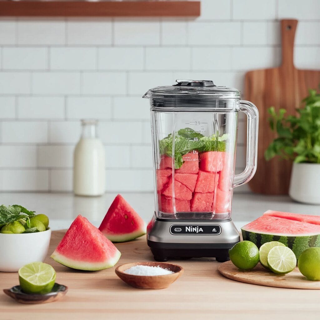 Watermelon Sorbet Recipe: The Ultimate Summer Treat 9 Blender filled with watermelon, lime, and mint for a refreshing watermelon sorbet recipe in a bright kitchen setting