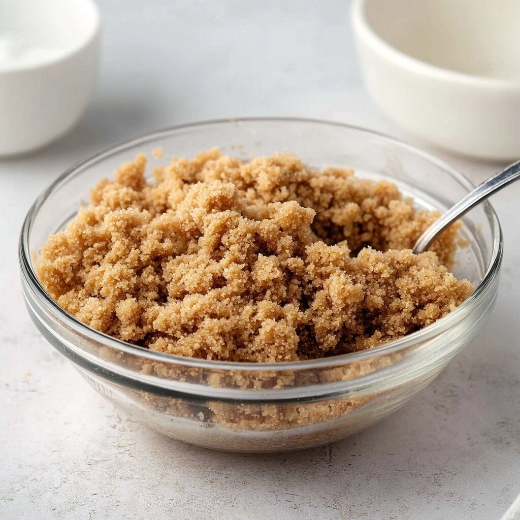 The Ultimate Guide to Making the Best Peach Crumble Pie 12 A clear glass bowl filled with brown sugar crumble topping, mixed and ready for baking. A spoon rests inside the bowl, and white ceramic bowls are softly blurred in the background on a light countertop.