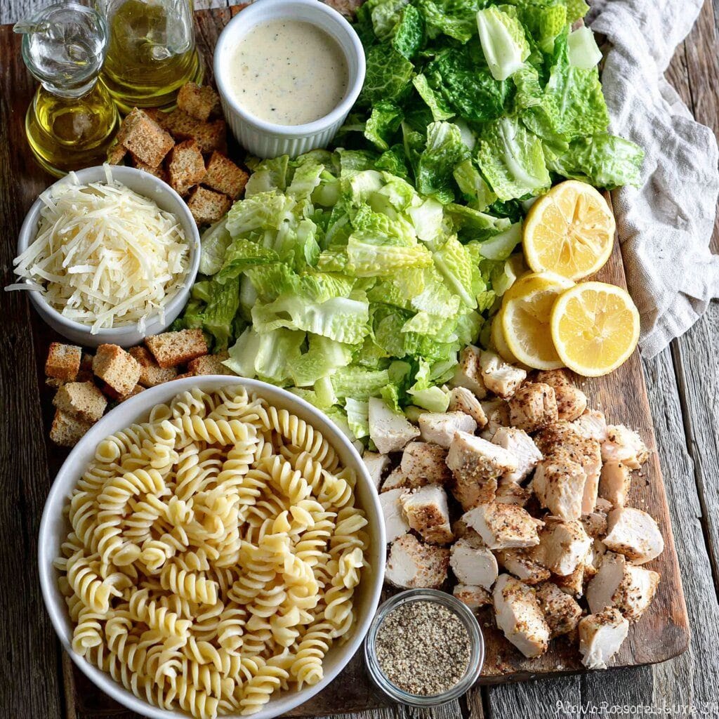 The Ultimate Chicken Caesar Pasta Salad Guide for Any Occasion 5 Flat lay of chicken caesar pasta salad ingredients including pasta, grilled chicken, romaine lettuce, Parmesan, Caesar dressing, and croutons