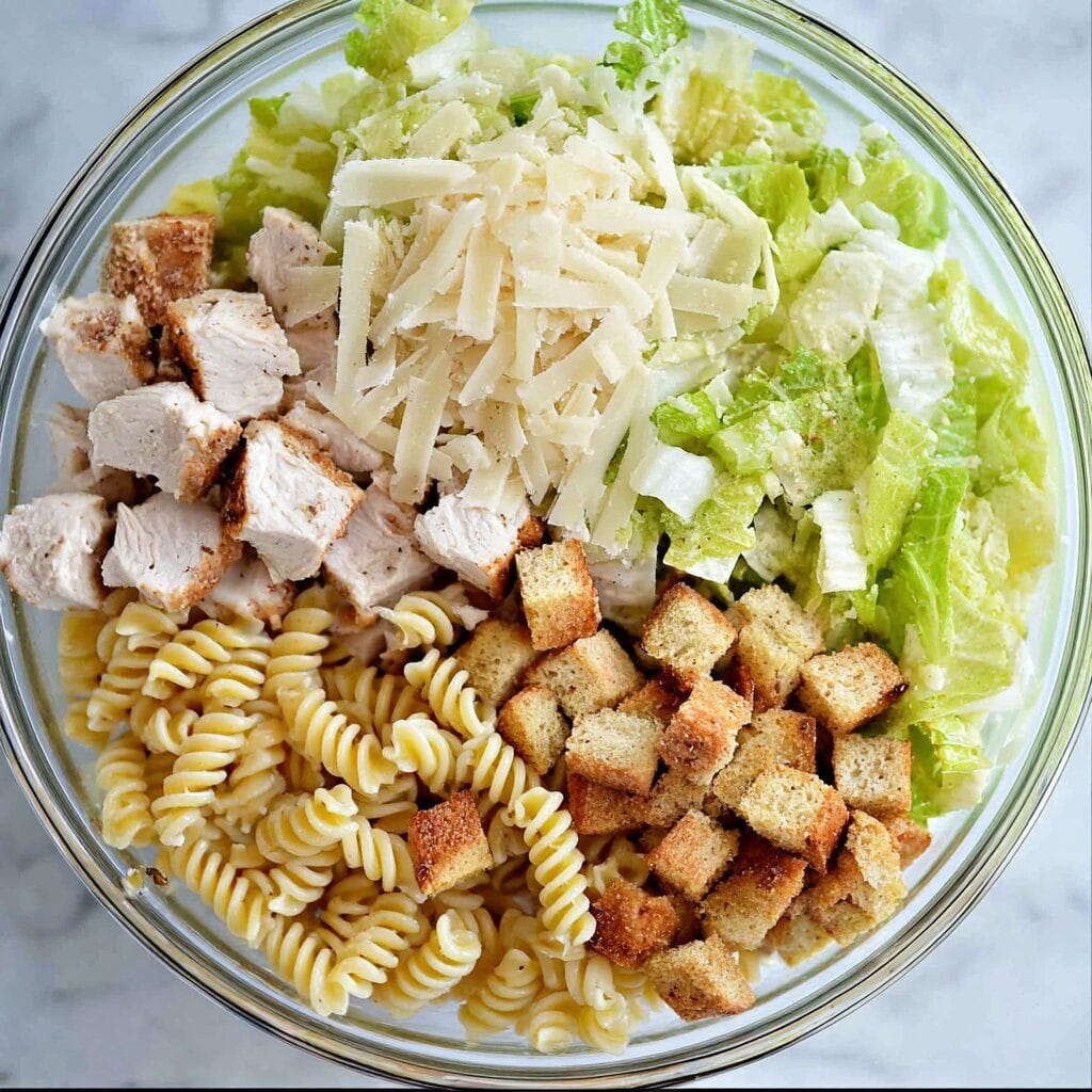 The Ultimate Chicken Caesar Pasta Salad Guide for Any Occasion 6 Glass bowl with rotini pasta, diced grilled chicken, croutons, romaine lettuce, and shaved Parmesan ready to make chicken caesar pasta salad