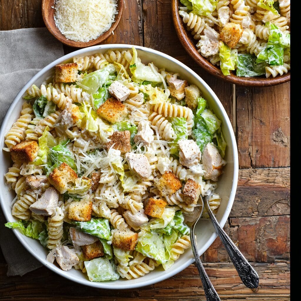 A bowl of creamy chicken caesar pasta salad with rotini pasta, romaine lettuce, grilled chicken, croutons, and shaved Parmesan on a wooden table