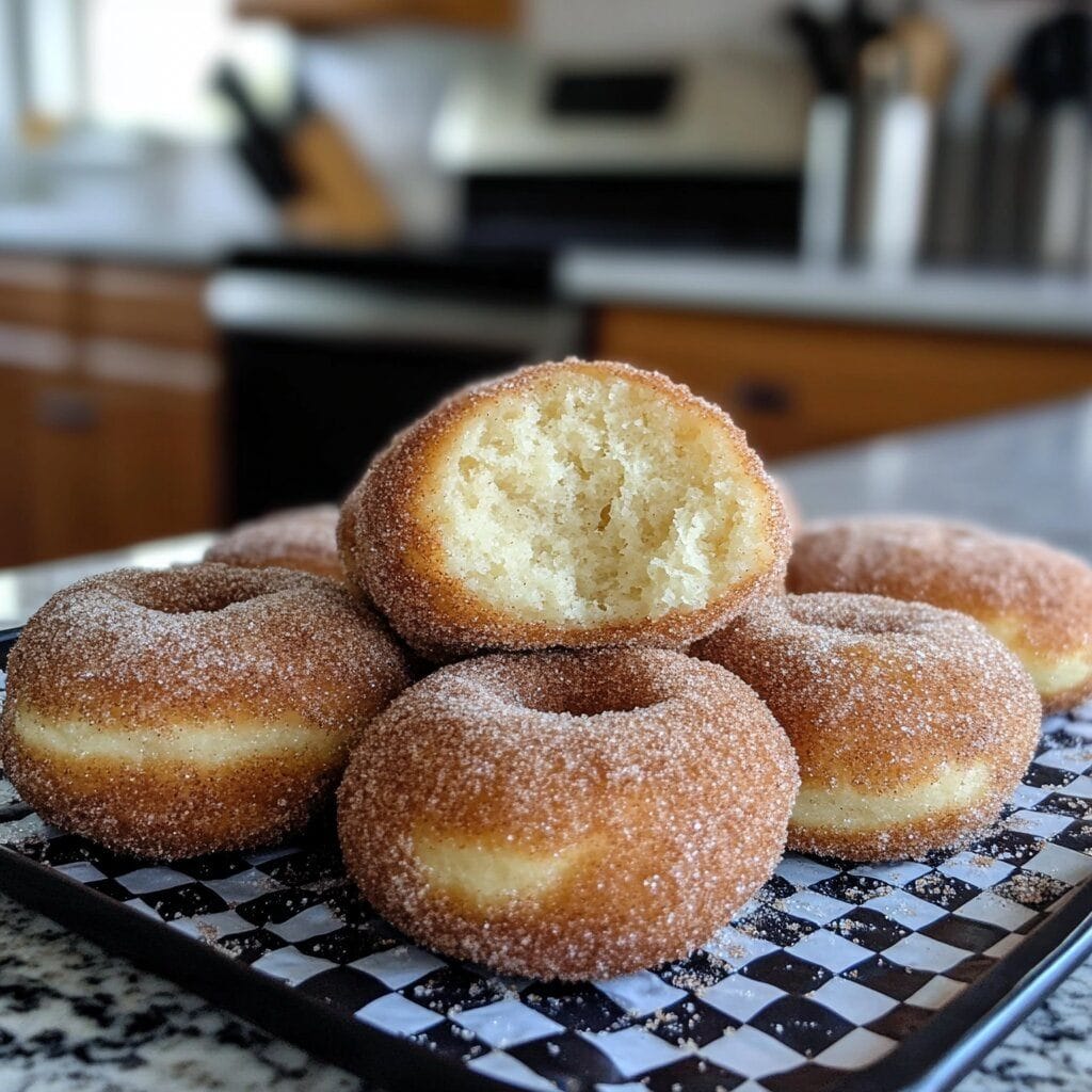 Sourdough Discard Doughnuts: A Delicious Way to Use Leftovers 1 Stack of sourdough discard doughnuts coated in cinnamon sugar, with one doughnut cut open to reveal fluffy interior, served on a checkered tray in a home kitchen