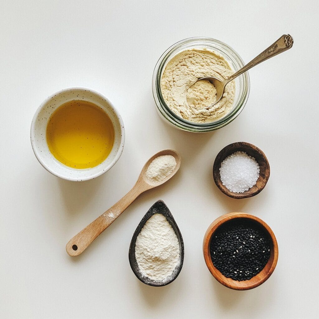 The Ultimate Guide to Sourdough Discard Crackers: Crispy, Tangy, and Sustainable 5 Sourdough discard, flour, olive oil, salt, and sesame seeds arranged neatly in a flat lay on a white surface.