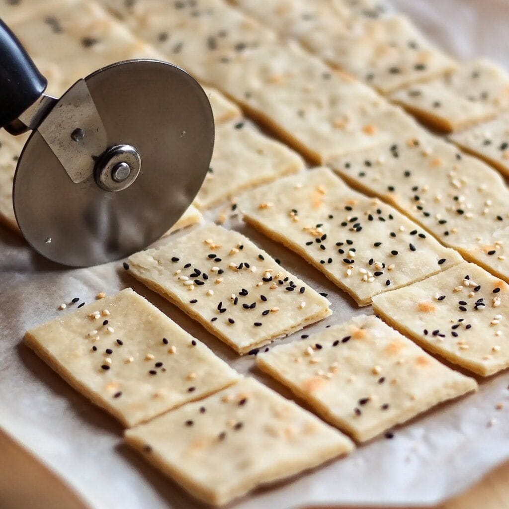 The Ultimate Guide to Sourdough Discard Crackers: Crispy, Tangy, and Sustainable 6 Pizza cutter slicing sourdough discard cracker dough topped with sesame seeds into rectangular pieces on parchment paper.