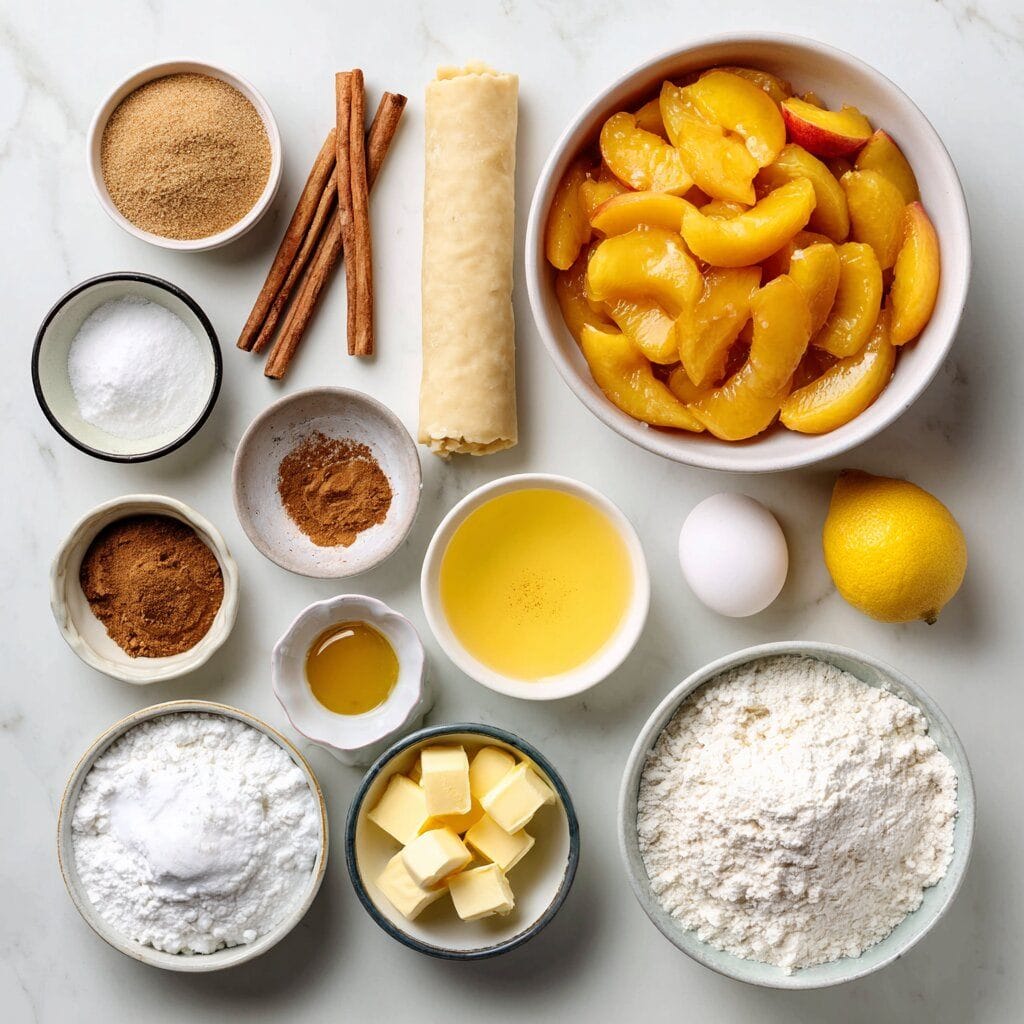 The Ultimate Guide to Making the Best Peach Crumble Pie 9 Overhead view of various peach crumble pie ingredients arranged neatly on a white marble surface. Includes sliced peaches, flour, butter cubes, egg, lemon, brown sugar, granulated sugar, cinnamon sticks, cinnamon powder, nutmeg, salt, cornstarch, lemon juice, and a rolled pie crust.
