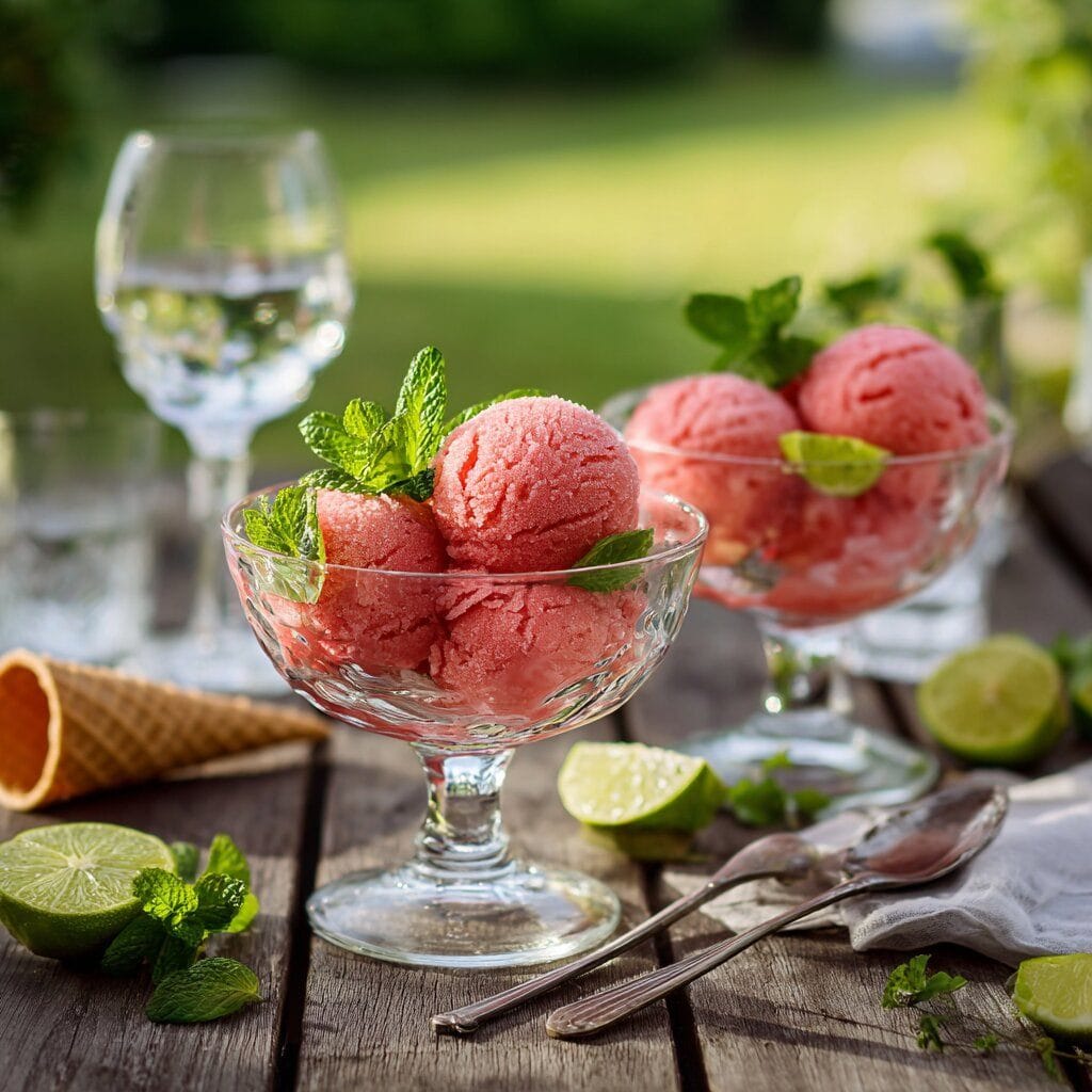 Watermelon Sorbet Recipe: The Ultimate Summer Treat 12 Freshly served watermelon sorbet recipe in glass bowls with mint and lime, next to cones and spoons on a wooden outdoor table