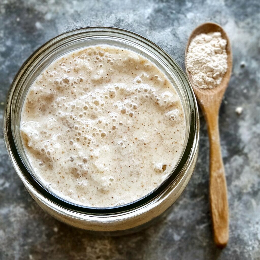 Sourdough Discard Doughnuts: A Delicious Way to Use Leftovers 2 A glass jar filled with active sourdough discard next to a wooden spoon with flour, used for making sourdough discard doughnuts