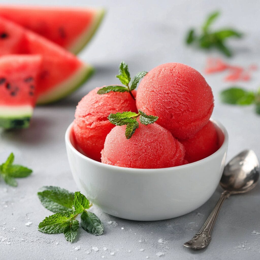 Watermelon Sorbet Recipe: The Ultimate Summer Treat 7 Homemade watermelon sorbet recipe scooped into a white bowl, garnished with mint, and surrounded by fresh watermelon slices