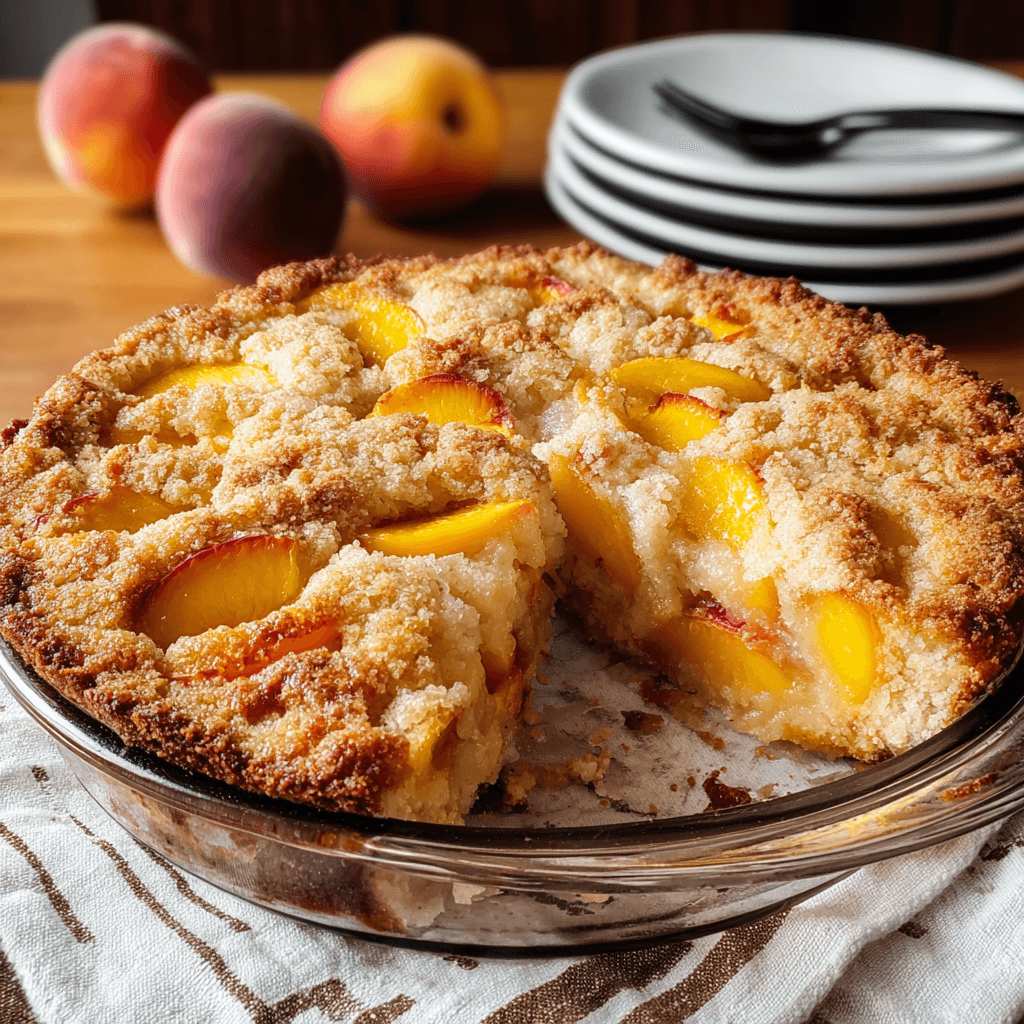 Peach Coffee Cake Recipe Guide: Easy, Moist, and Delicious with Crumb Topping 3 Golden peach coffee cake with crumb topping in a round glass dish, surrounded by fresh peaches and stacked dessert plates