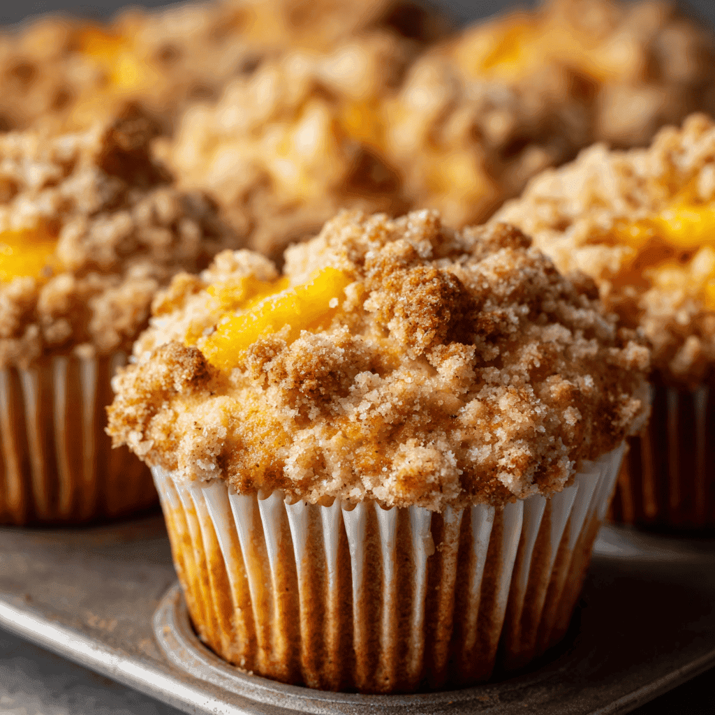 Close-up of moist peach muffins with golden brown crumble topping, served in white paper liners on a baking tray