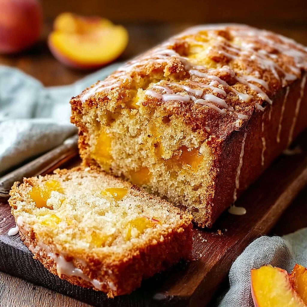 How to Make Peach Bread That’s Moist, Easy, and Irresistible 5 Sliced glazed peach bread loaf with visible peach chunks on a wooden board and peach slices in the background