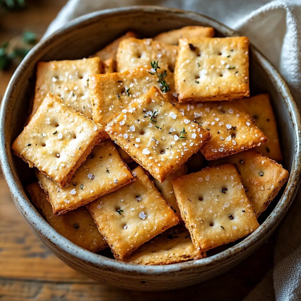A bowl of crispy homemade sourdough discard crackers topped with flaky salt and herbs, styled on a rustic table.