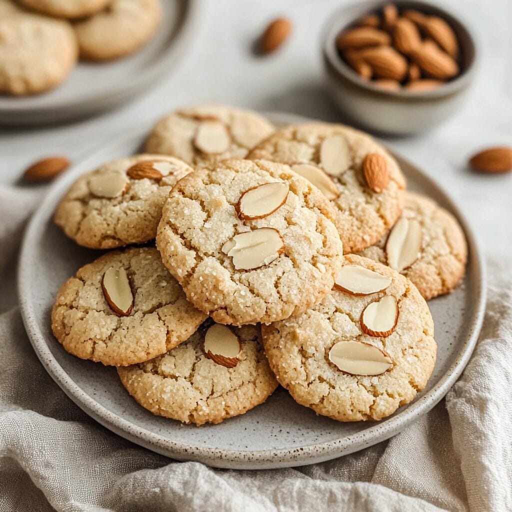 A plate of golden, homemade almond cookies topped with sliced almonds, displayed on a rustic ceramic dish with a linen cloth and whole almonds in the background.