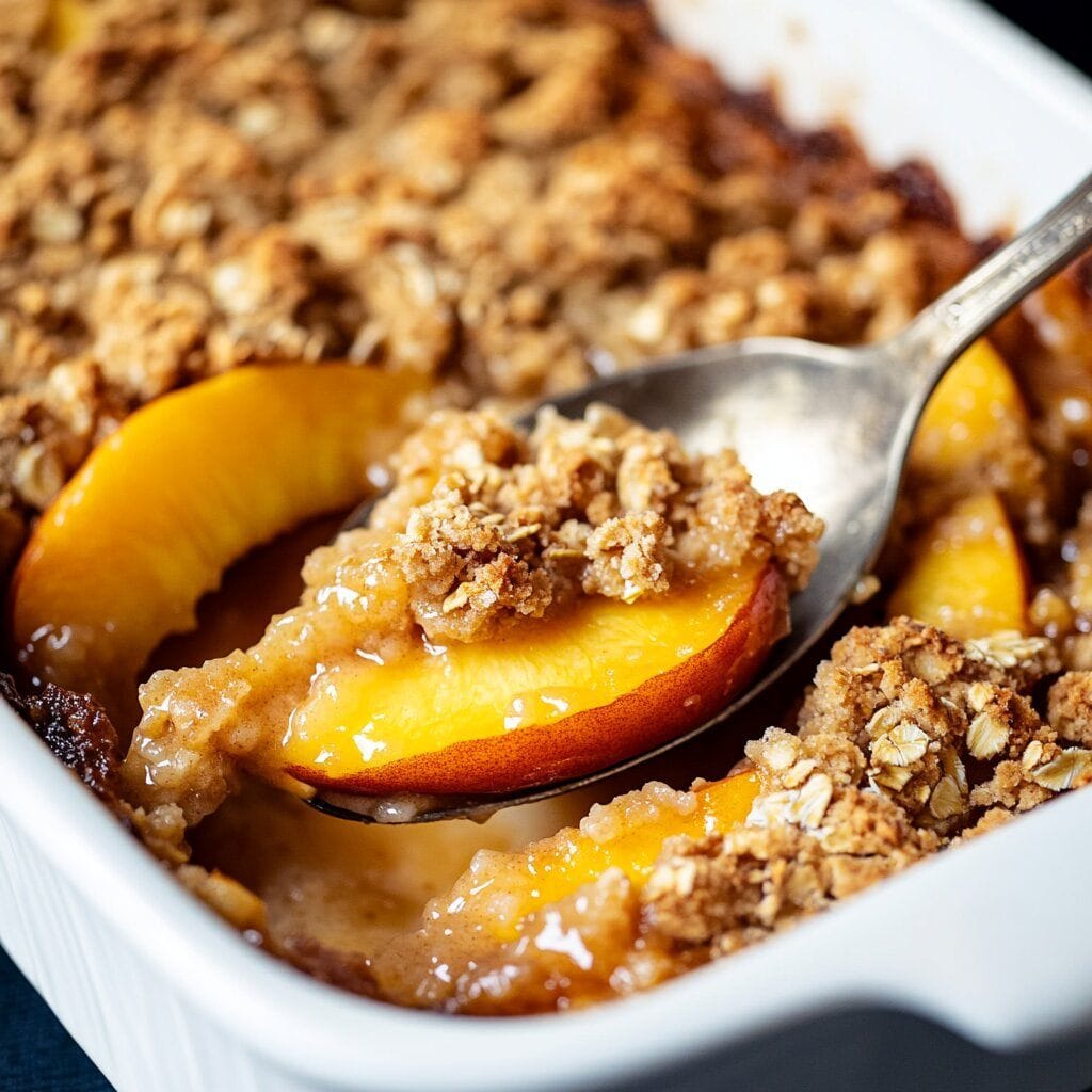 Close-up of peach crisp with golden oat crumble topping and juicy peach filling in a white baking dish