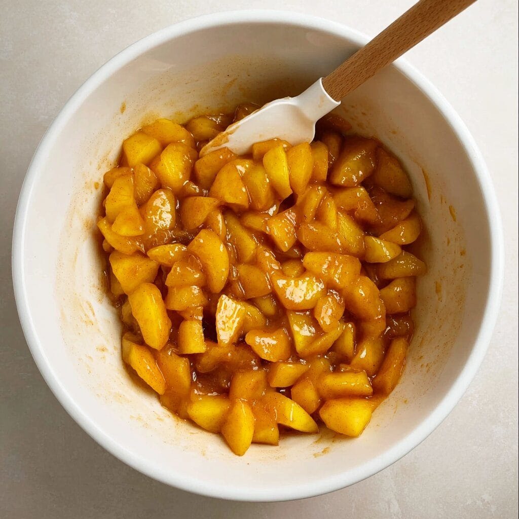 The Ultimate Guide to Making the Best Peach Crumble Pie 10 Overhead view of a white mixing bowl filled with freshly prepared peach pie filling, featuring diced peaches coated in a glossy cinnamon-sugar mixture with a silicone spatula resting inside.
