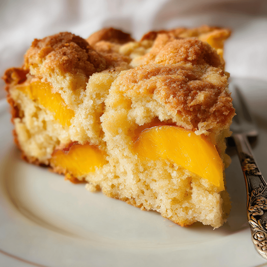 Peach Coffee Cake Recipe Guide: Easy, Moist, and Delicious with Crumb Topping 4 Close-up of a slice of peach coffee cake showing crumbly top and juicy peach slices on a white plate with a vintage fork
