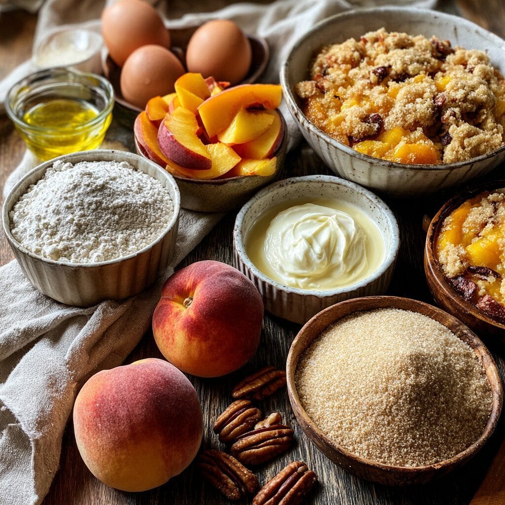 How to Make Peach Bread That’s Moist, Easy, and Irresistible 4 Flat lay of peach bread ingredients including fresh peaches, flour, sugar, eggs, sour cream, oil, chopped pecans, and a cinnamon crumble topping on a rustic wooden surface