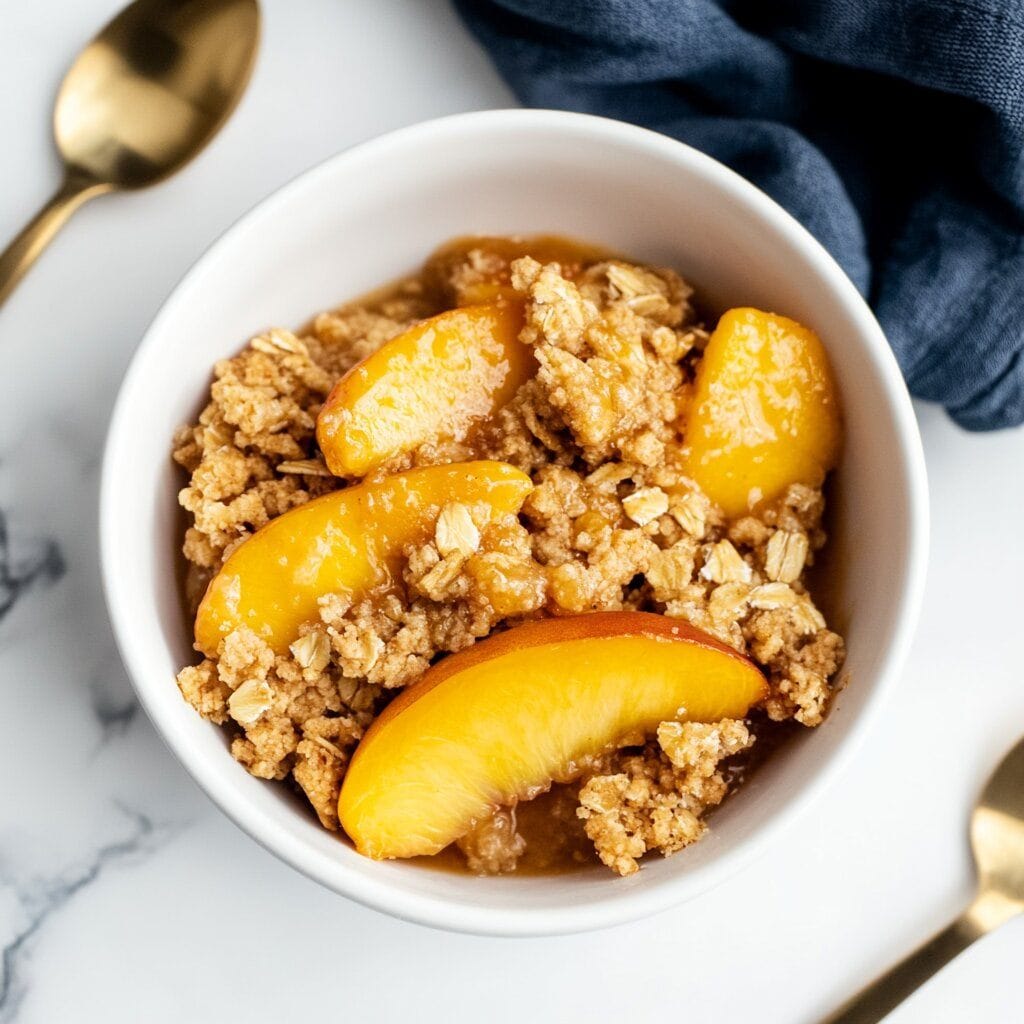 The Ultimate Guide to Making the Perfect Peach Crisp 4 Overhead view of peach crisp with golden oat topping and tender peach slices served in a white bowl with a spoon