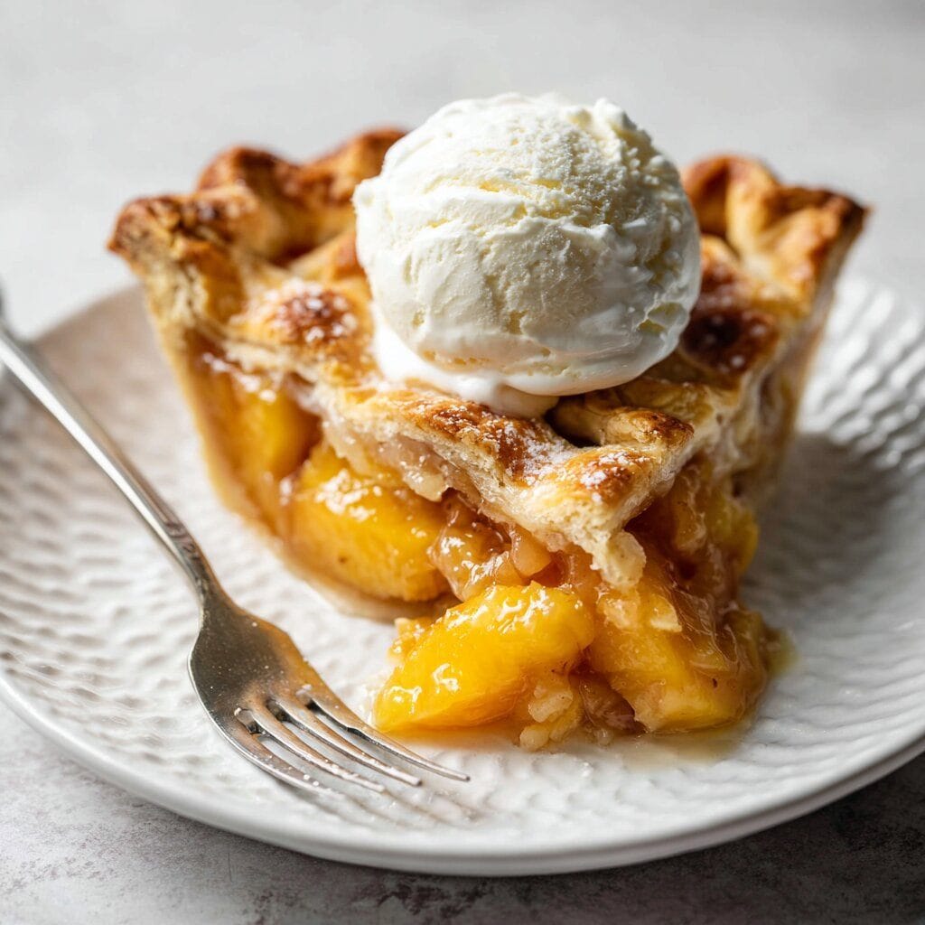 Homemade Peach Pie Recipe (Easy, Juicy & Totally Foolproof!) 8 A close-up of a slice of peach pie recipe topped with a scoop of vanilla ice cream, showing the flaky golden crust and juicy peach filling, served on a white ceramic plate with a fork.