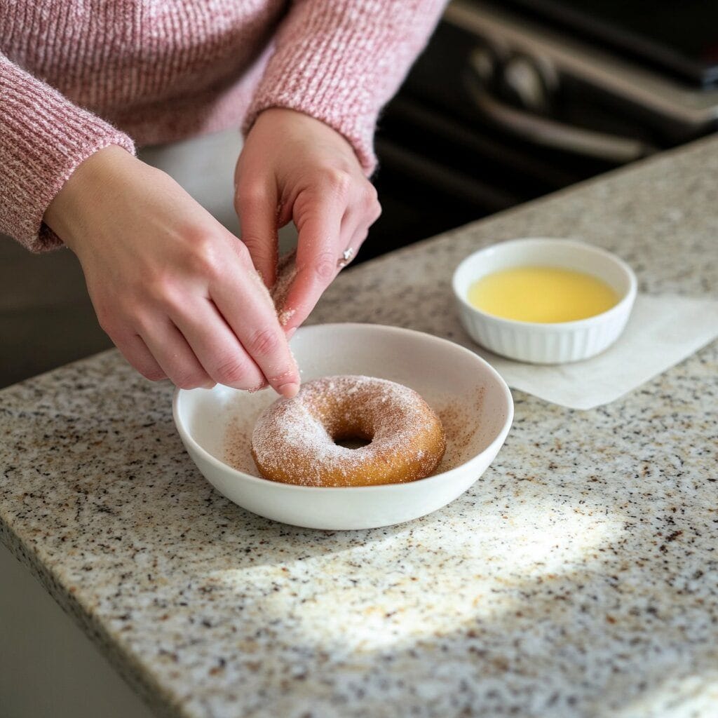 Sourdough Discard Doughnuts: A Delicious Way to Use Leftovers 3 📝 Alt Text:
Hand rolling a sourdough discard doughnut in a bowl of cinnamon sugar on a marble kitchen counter with melted butter nearby