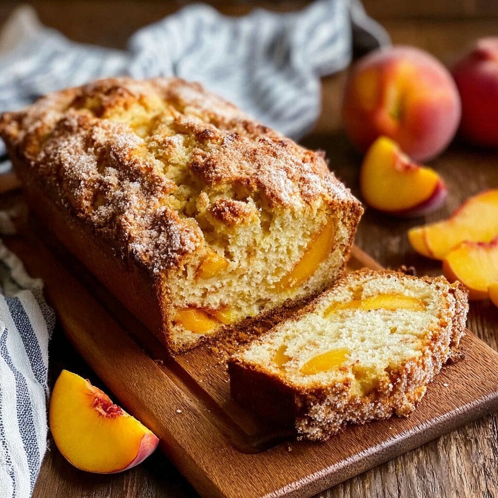 Rustic peach bread loaf sliced on a wooden board with fresh peaches and peach slices around, showcasing golden crust and peach pieces inside