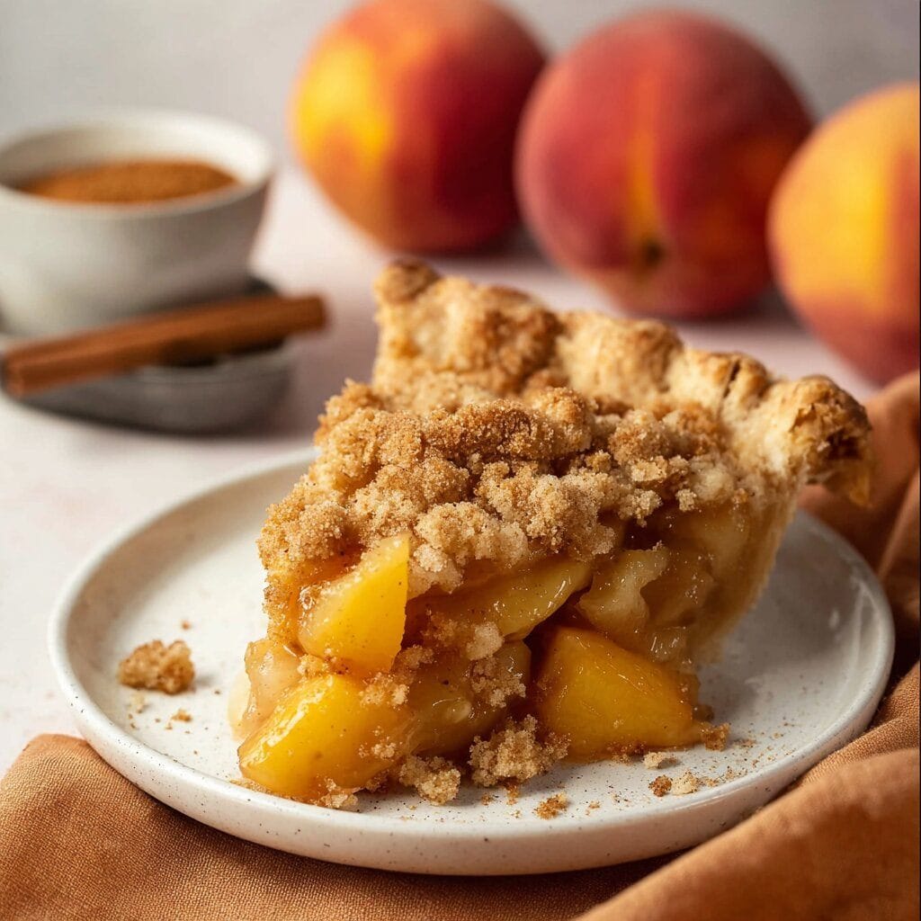 The Ultimate Guide to Making the Best Peach Crumble Pie 8 A golden slice of peach crumble pie on a ceramic plate, showing juicy peach filling and crispy brown sugar topping. In the background, fresh whole peaches, cinnamon sticks, and a bowl of brown sugar add a rustic touch to the warm and cozy scene.