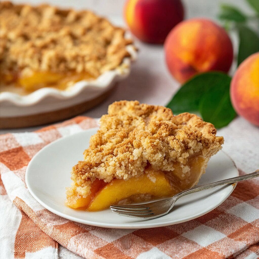 The Ultimate Guide to Making the Best Peach Crumble Pie 14 🖼️ Alt Text:
A golden slice of peach crumble pie served on a white plate with a fork, placed on a checkered orange napkin. Fresh whole peaches and the remaining pie in a ceramic dish are visible in the background.